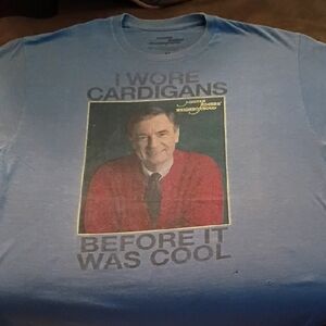 Mr. Rogers Graphic Tee - Light Blue with Red Cardigan Image Used Condition